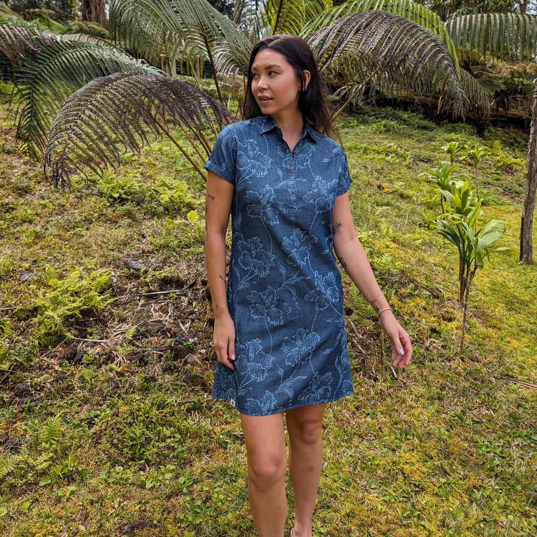 Placket Dress Denim Western Floral | Hawaiian Dresses | Western Aloha Placket Dress Denim Western Floral | Hawaiian Dresses | Western Aloha