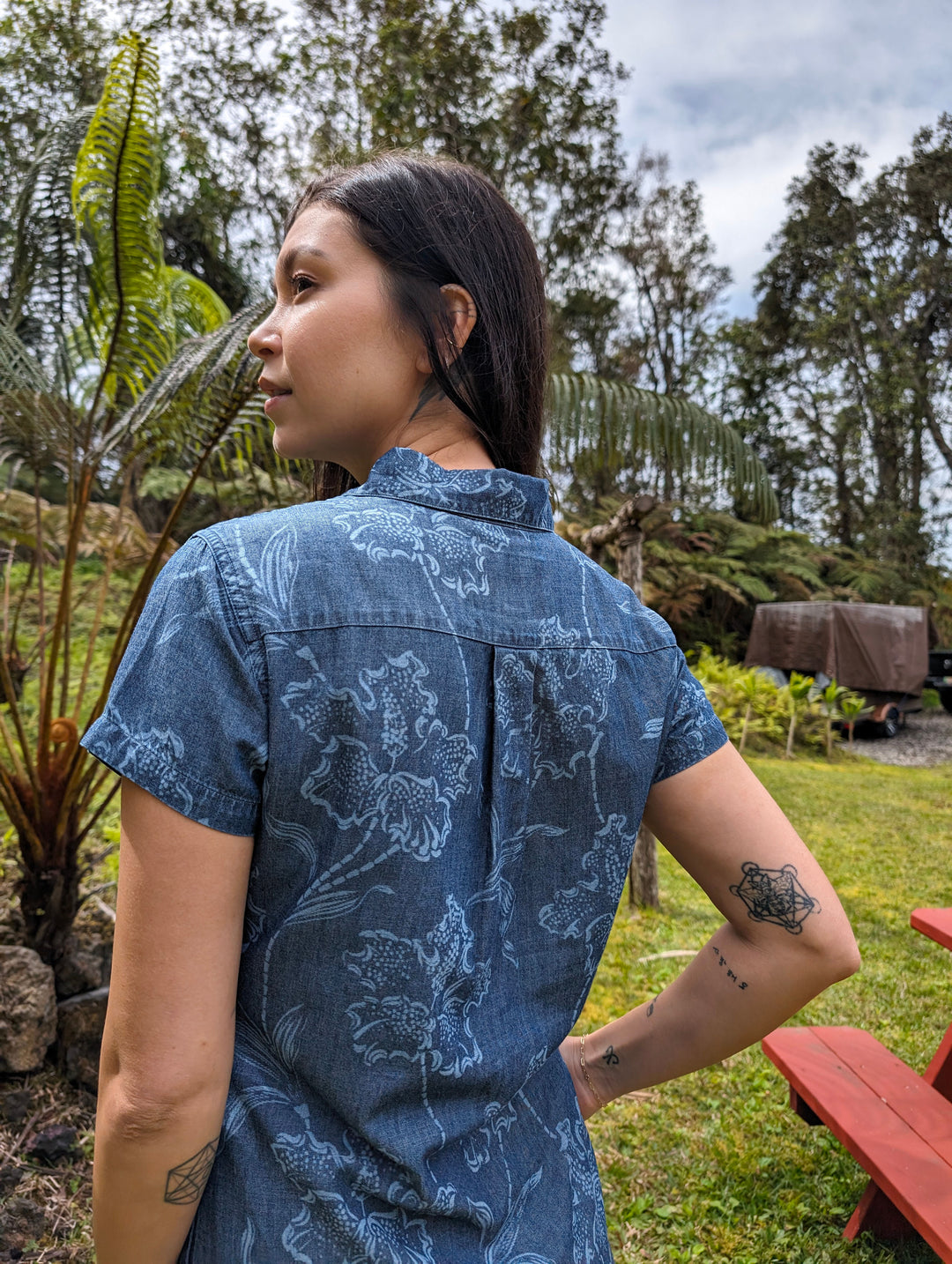 Placket Dress Denim Western Floral | Hawaiian Dresses | Western Aloha Placket Dress Denim Western Floral | Hawaiian Dresses | Western Aloha