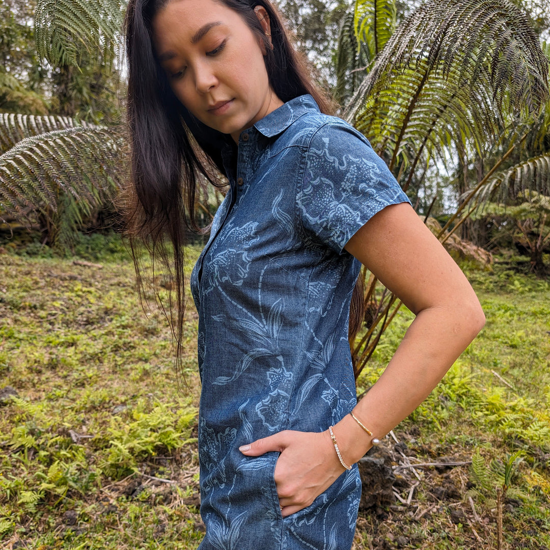 Placket Dress Denim Western Floral | Hawaiian Dresses | Western Aloha Placket Dress Denim Western Floral | Hawaiian Dresses | Western Aloha