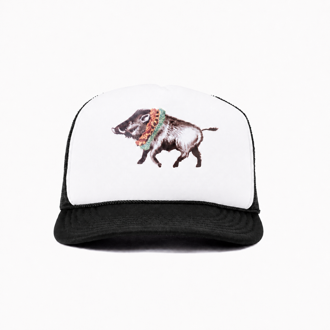 Double Lei Boar Trucker Hat Black