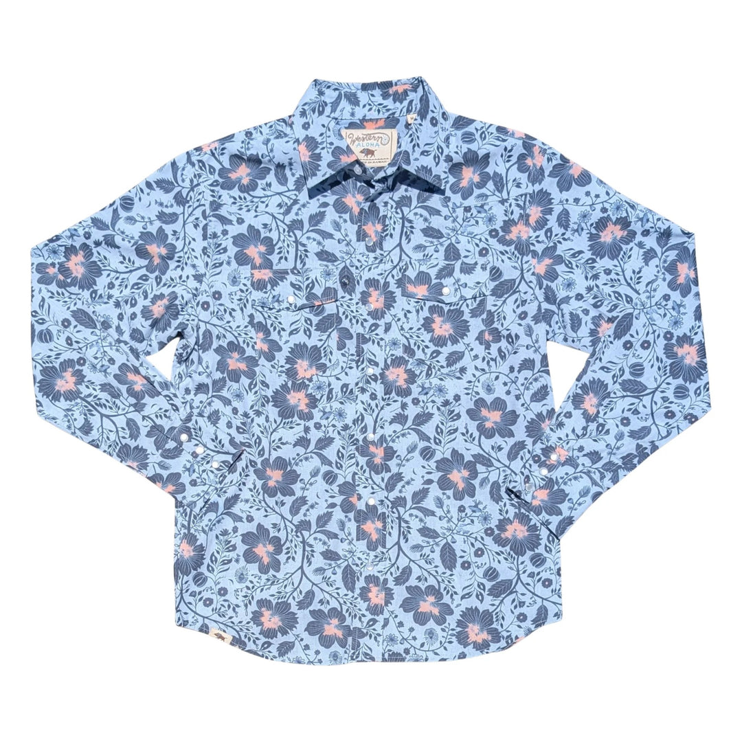 Folk Hibiscus Blue men's long sleeve snap shirt - Western Aloha