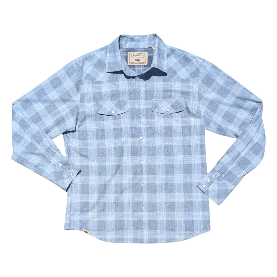 Palaka Nui Gray Blue men's long sleeve snap shirt - Western Aloha