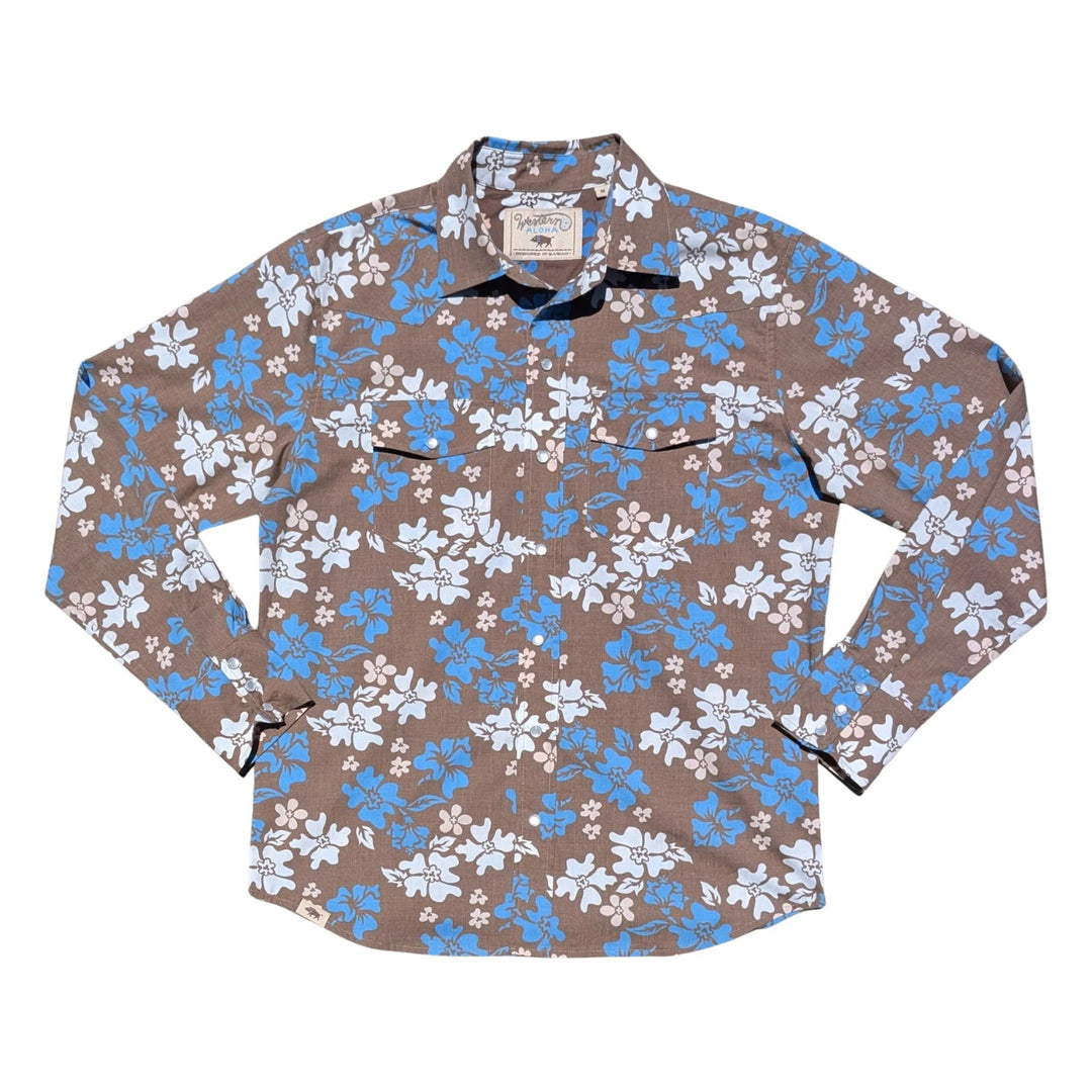 Tahitian Pareu Brown men's long sleeve snap shirt - Western Aloha