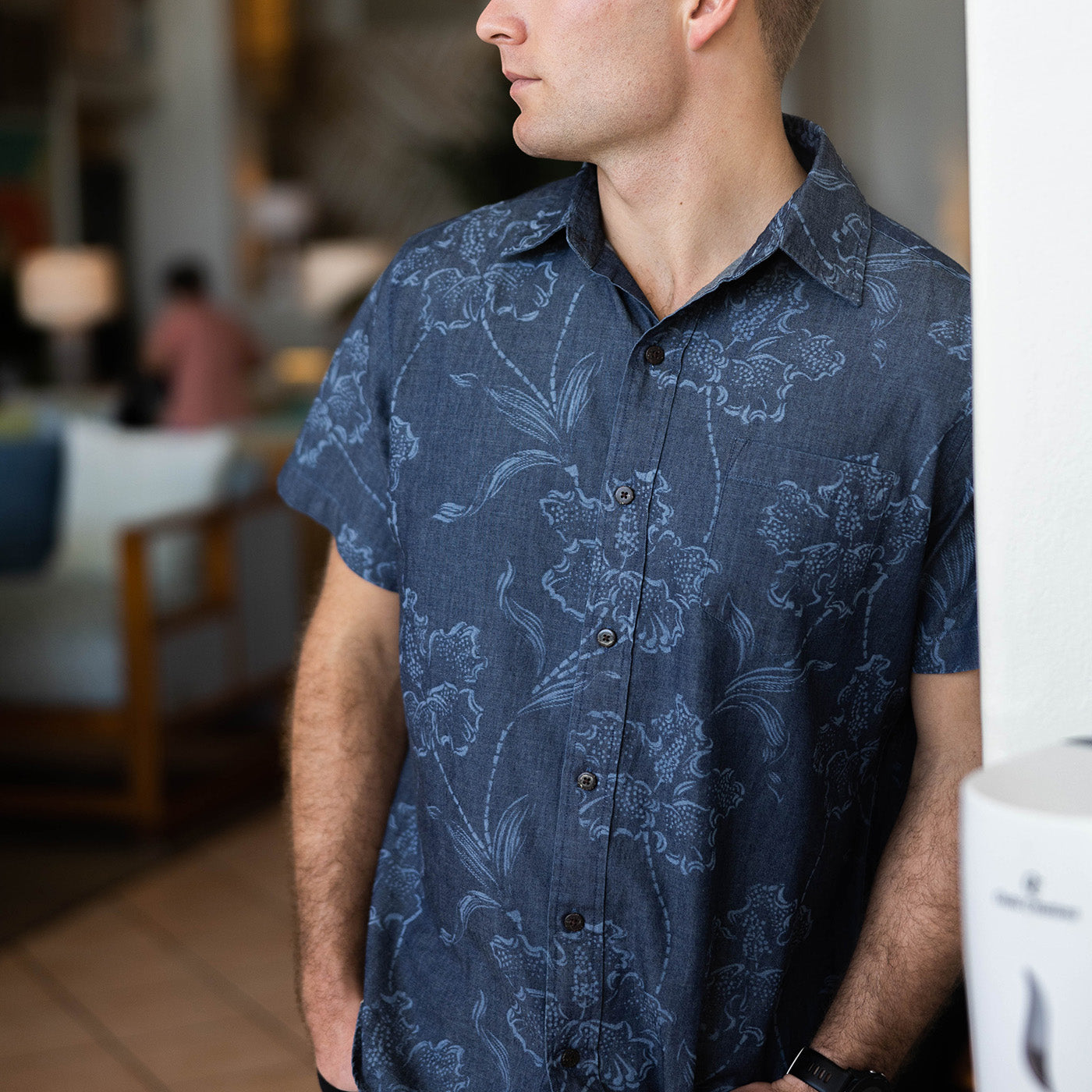 Indigo Denim Short Sleeve Aloha Shirt Western Floral