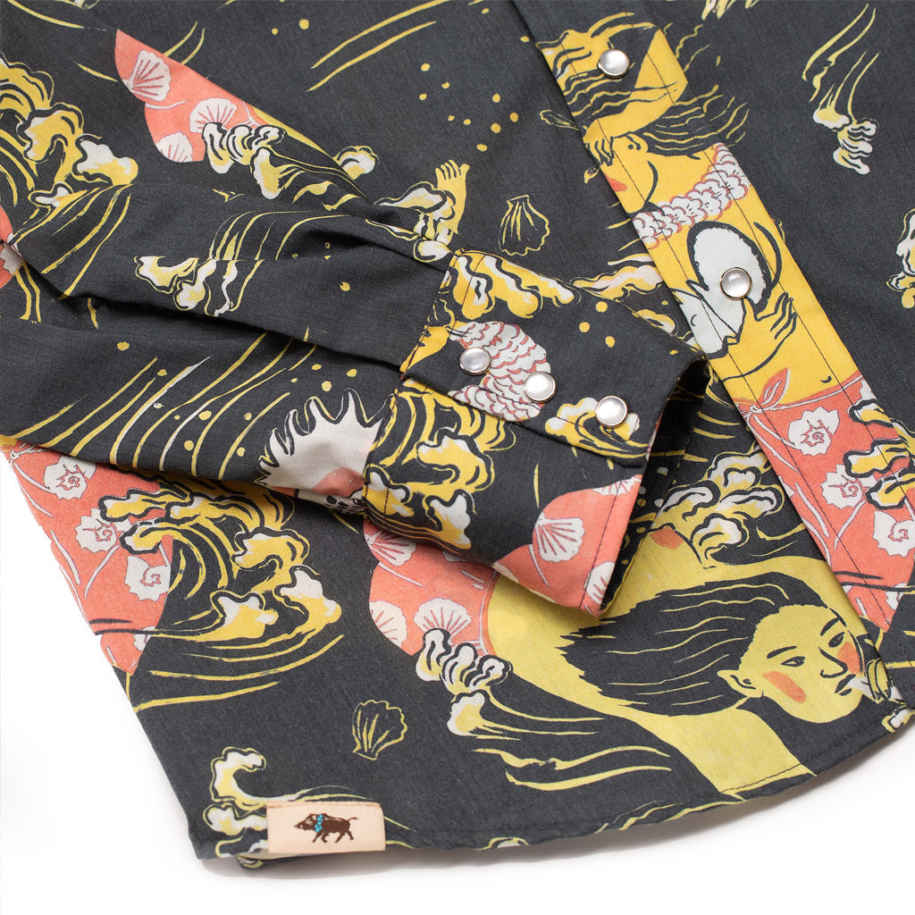 Golden Sea Long Sleeve Men's Aloha Shirt by Mayumi Oda