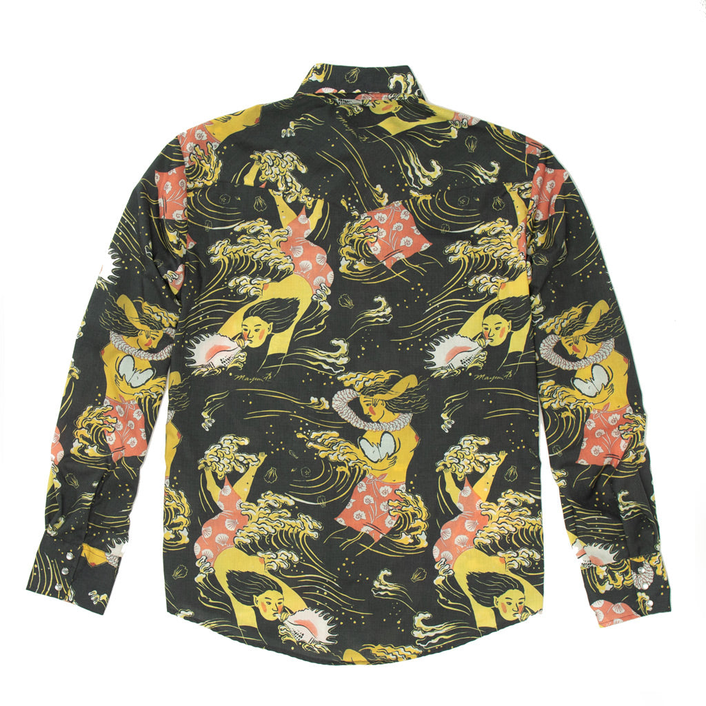 Golden Sea Long Sleeve Men's Aloha Shirt by Mayumi Oda