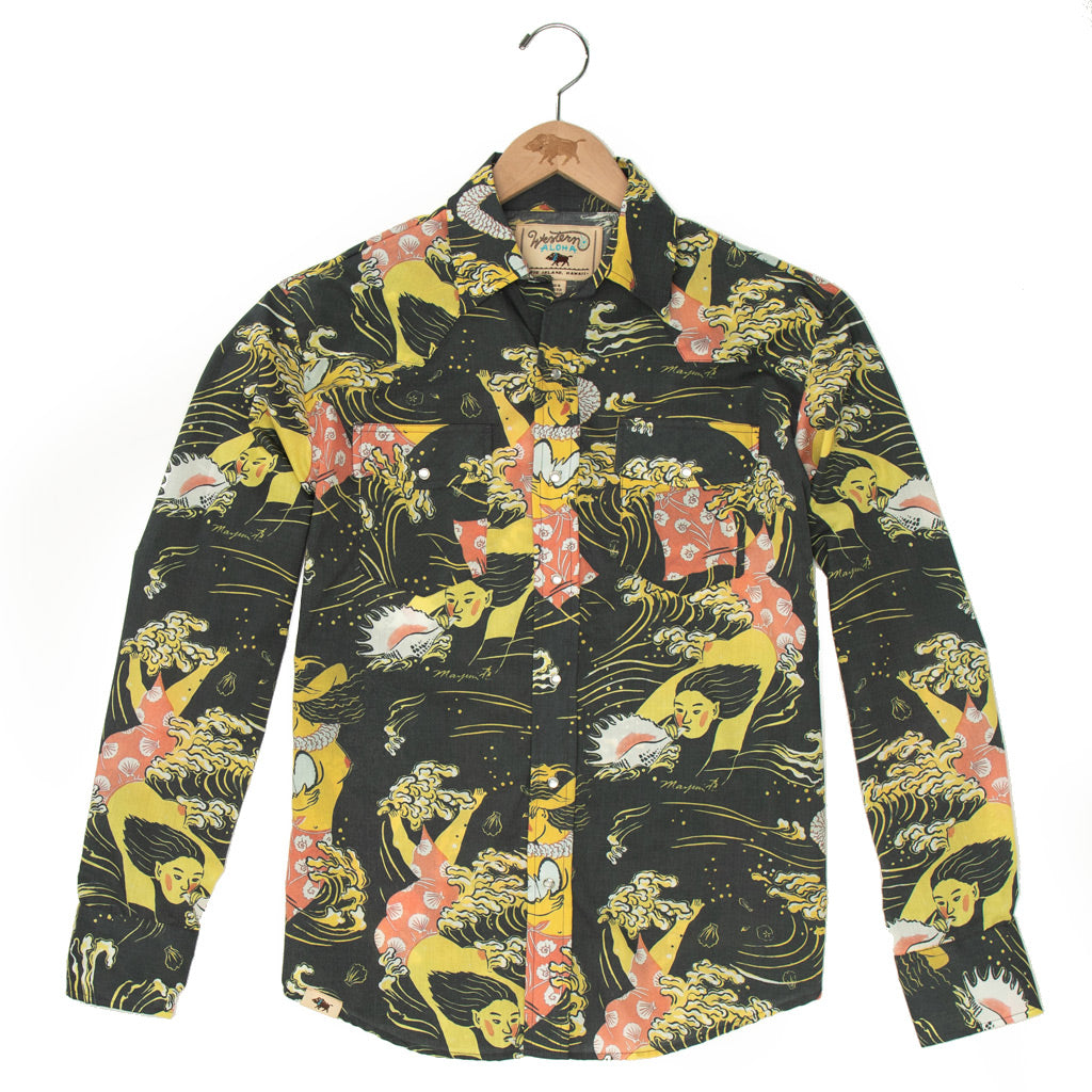 Golden Sea Long Sleeve Men's Aloha Shirt by Mayumi Oda