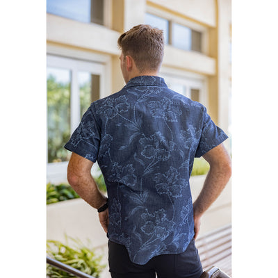 Indigo Denim Short Sleeve Aloha Shirt Western Floral